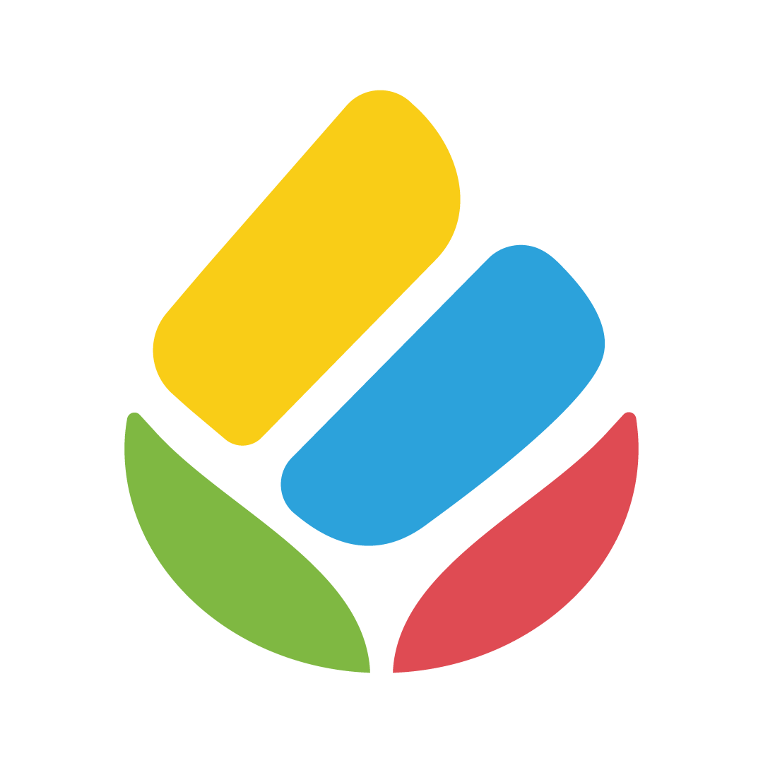 Colorful logo with yellow, blue, green, and red shapes on a white background