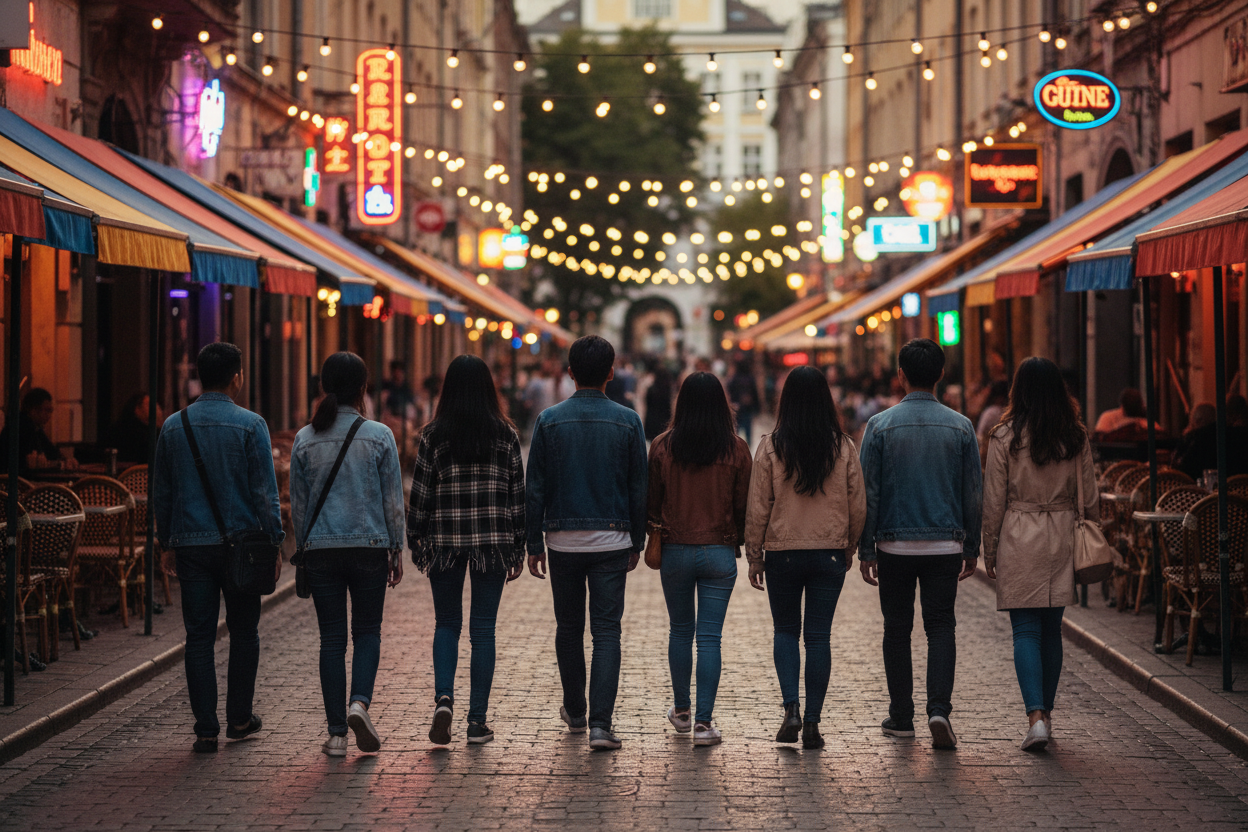 a hero image of a the backs of a group of 8 young asian people enjoy themselves walking down a streetscape with cafes and bars