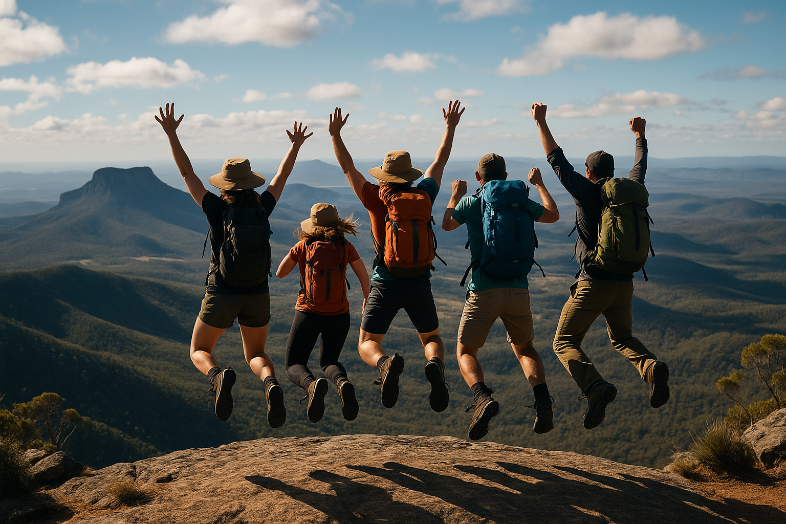group of very happy hikers jumping on top of a mountain in australia. Image shows their backs.