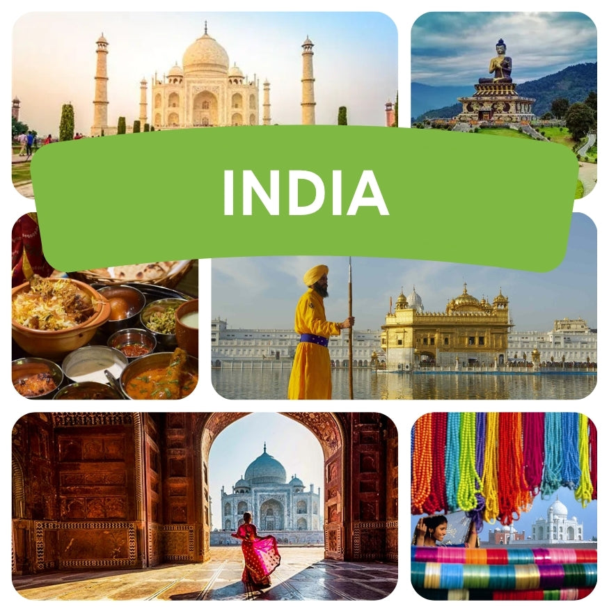 Collage of India-themed images including the Taj Mahal, a temple, food, and colorful fabrics.