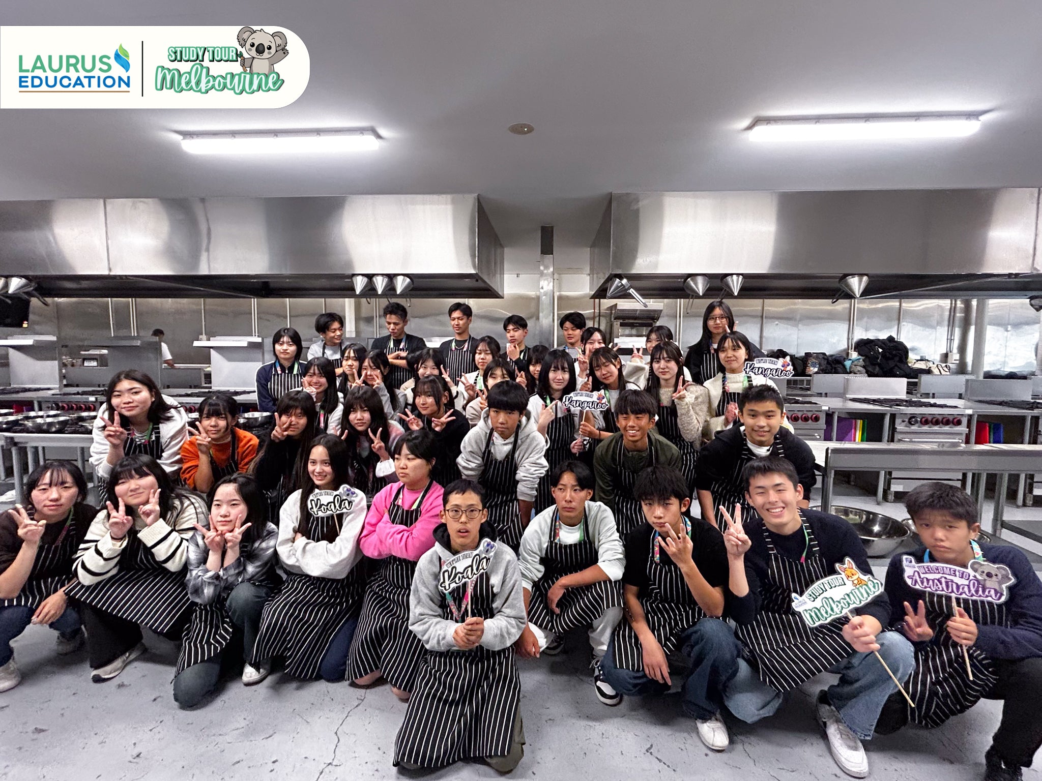 Group of students in a kitchen setting with 'Laurus Education' branding.