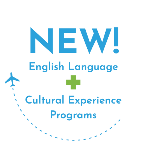 Advertisement for new English language and cultural experience programs with airplane icon and plus sign on white background