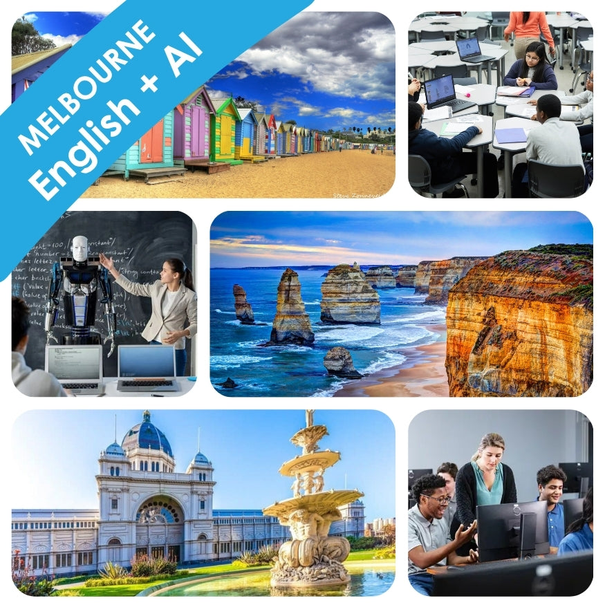 Collage of images including a beach, classroom, Twelve Apostles, and a fountain with text 'Melbourne English + AI'.