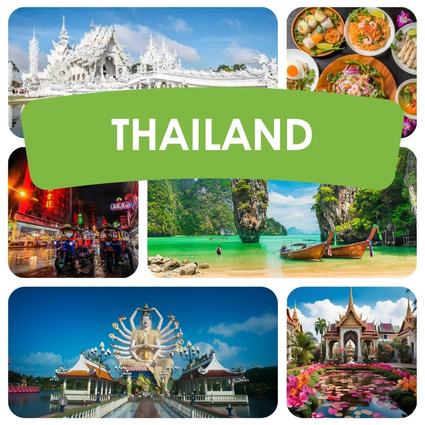 Collage of Thailand attractions including a temple, food, beach, and more with 'THAILAND' text.