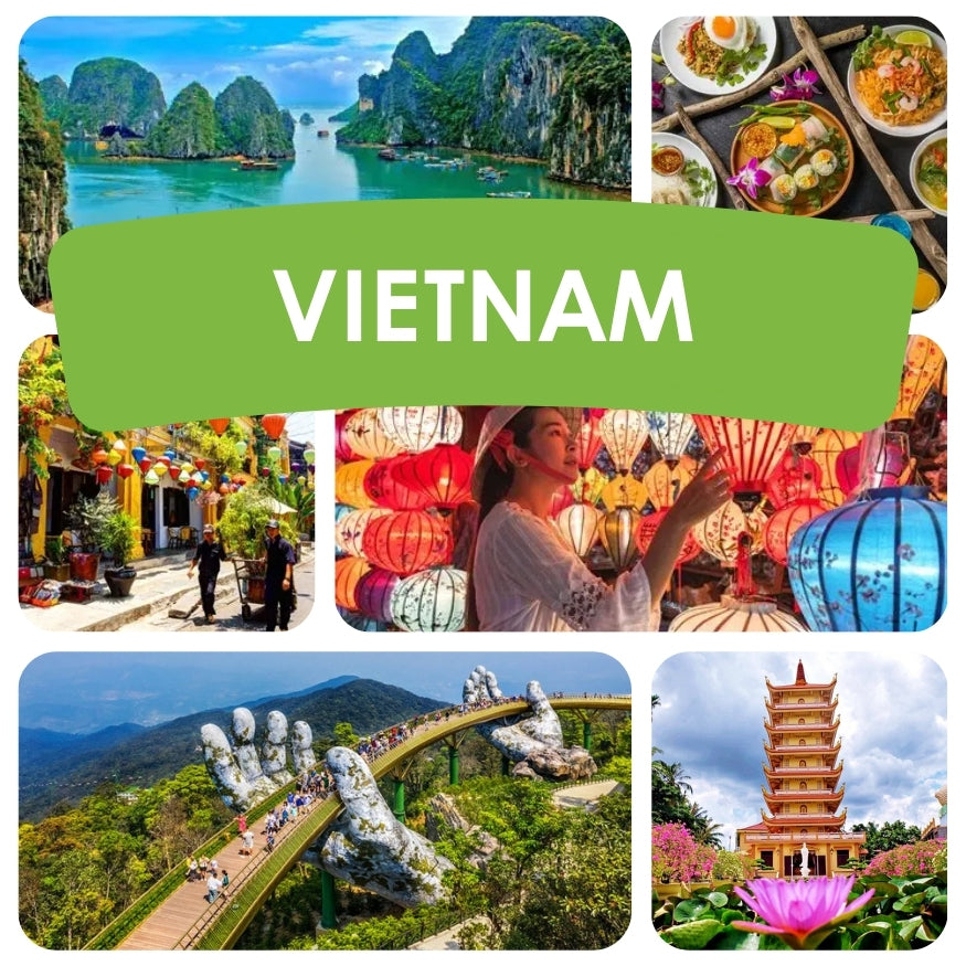 Collage of Vietnam travel images including landscapes, food, lanterns, and a temple.