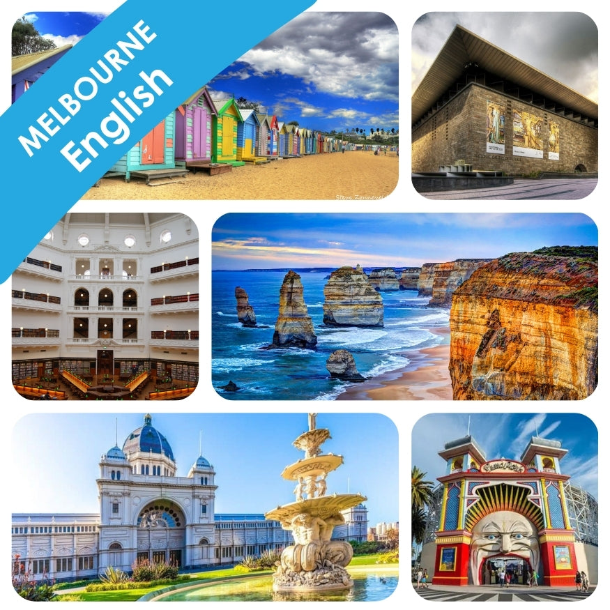 Collage of Melbourne landmarks with text overlay