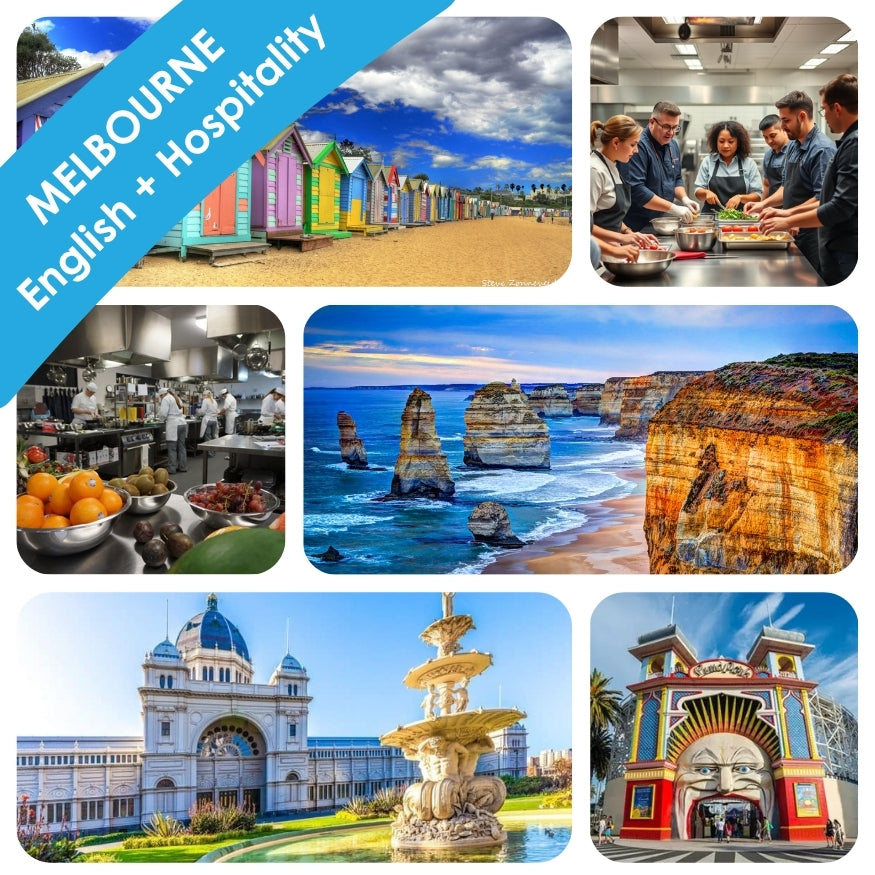 Collage of images from Melbourne featuring beach, cuisine, Twelve Apostles, and attractions.