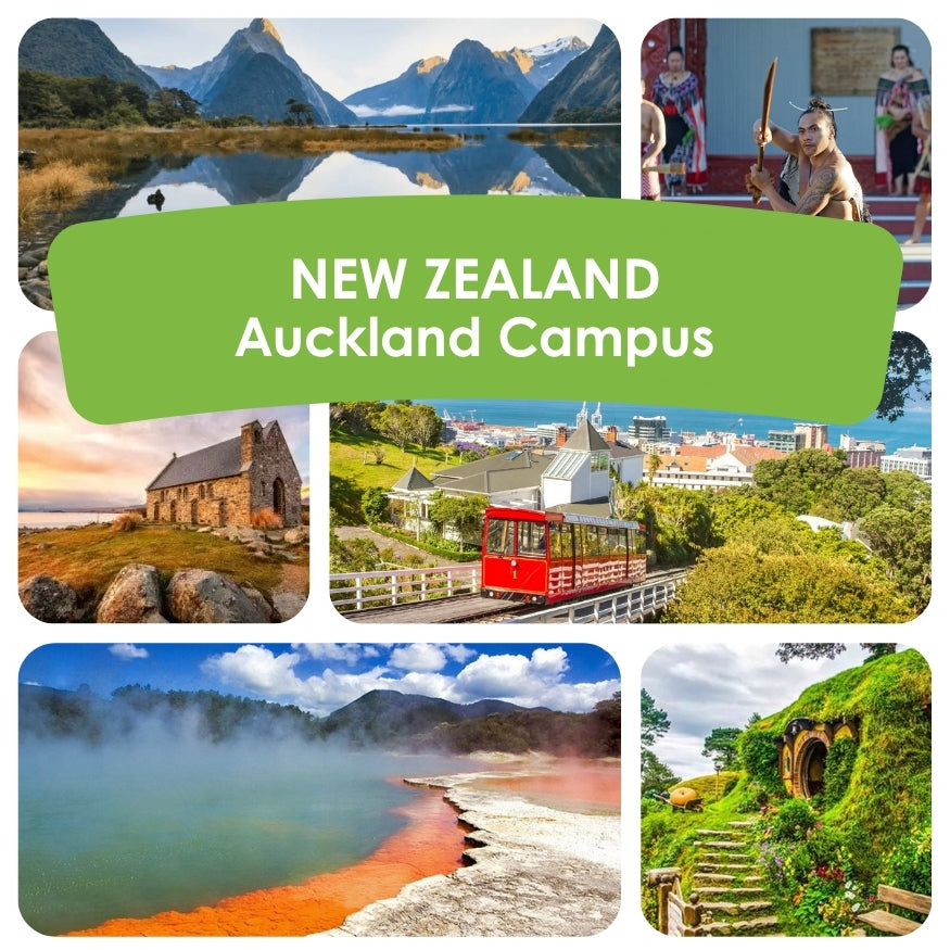 Collage of New Zealand scenic images with text overlay 'NEW ZEALAND Auckland Campus'.
